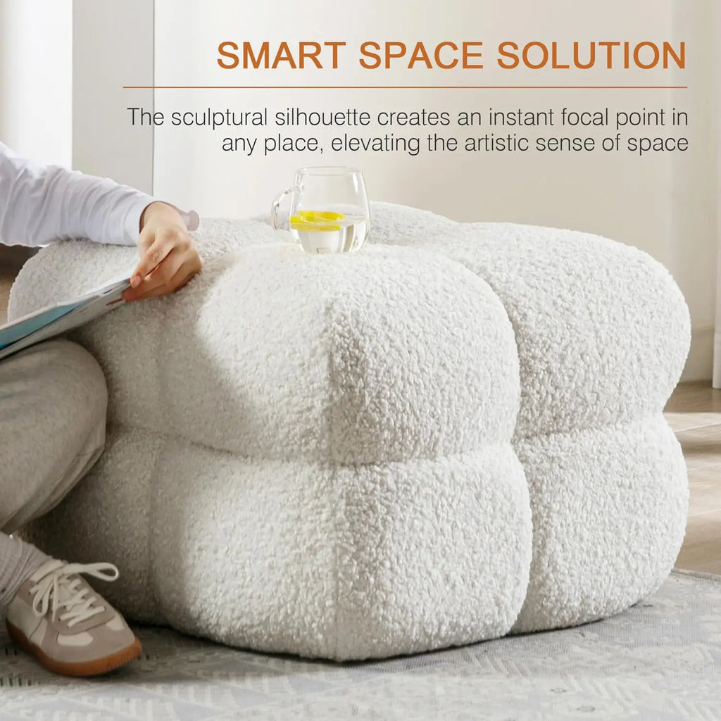 Modern Square Pouf Ottoman, White Upholstered Tufted Cube Stool for Living Room, Fuzzy Sherpa Foot Rest