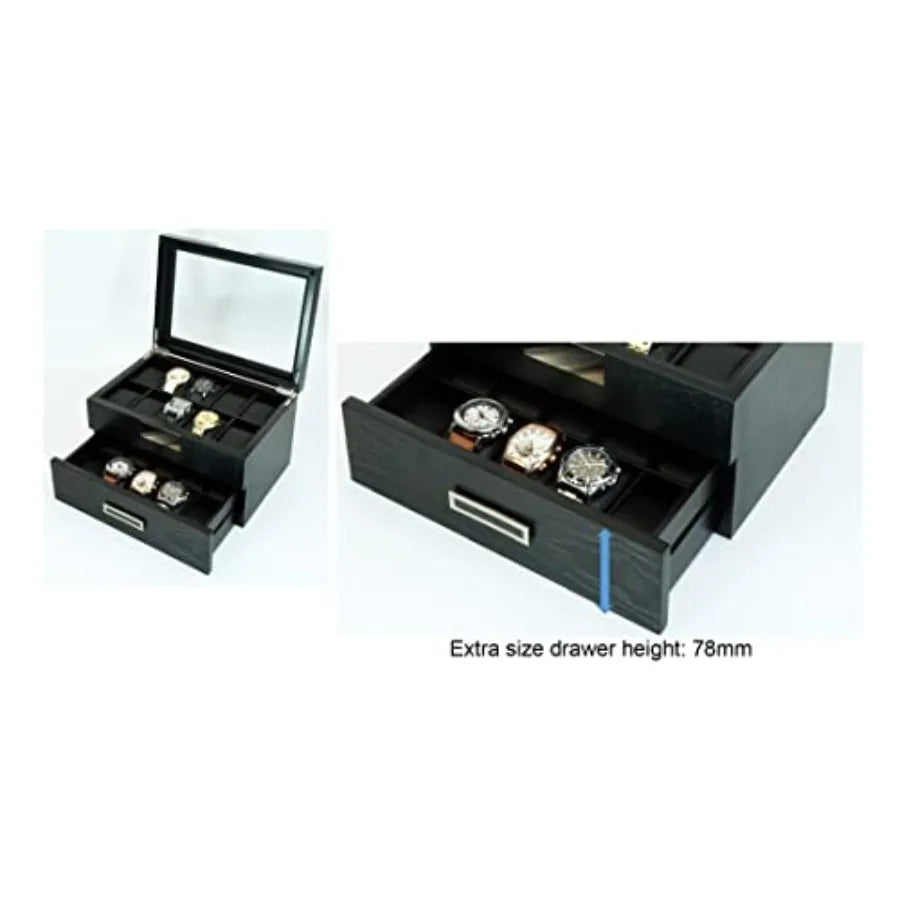 20 Black Ebony Wood Watch Extra Height Box Display Case 2 Level Storage Jewelry Organizer with Glass Top Stainless Steel Accent