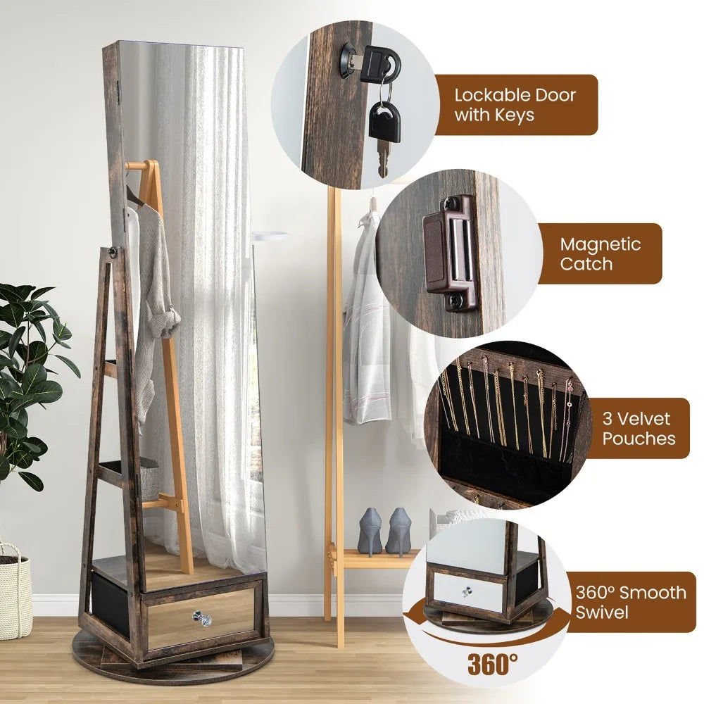 360° Swivel Jewelry Cabinet Full Length Mirror w/Built-in Lights Rustic Brown