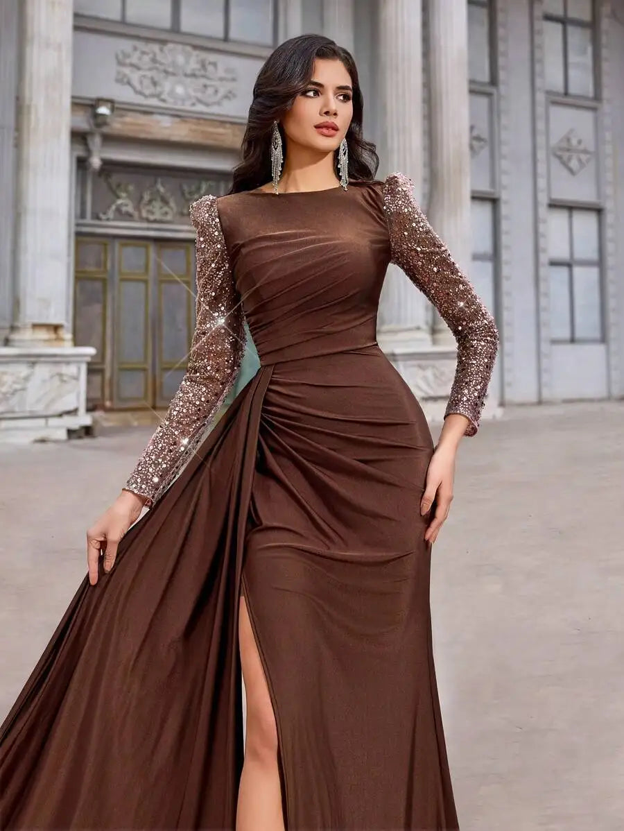 Coffee Brown Sequin Long Sleeve Ruched Fishtail High Slit Evening Dress for Gala Birthday Formal Occasion