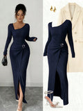 Women's Solid Color Fashion Solid Color Twisted Long Dress ,Asymmetrical -Neck Knitted Texture Tight Bodycon,