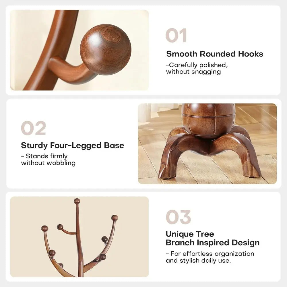 Wooden Coat Rack Freestanding with 8 Hooks, Heavy Duty Coat Hanger Stand with Stable Base, Vintage Coat Tree Standing