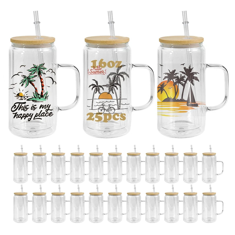 25pcs Pack 16oz Clear Double-Walled Glass Drinkware Pre-Drilled Sublimation Snow Globe Glass Beer Can with Handle and Plug Hu