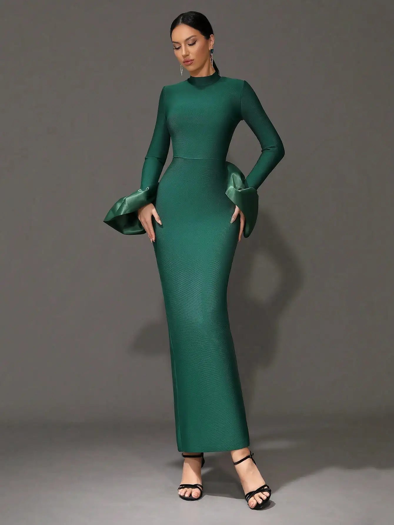 Emerald Green Long Sleeve High Neck Evening Dress with Flared Cuff and Mermaid Silhouette