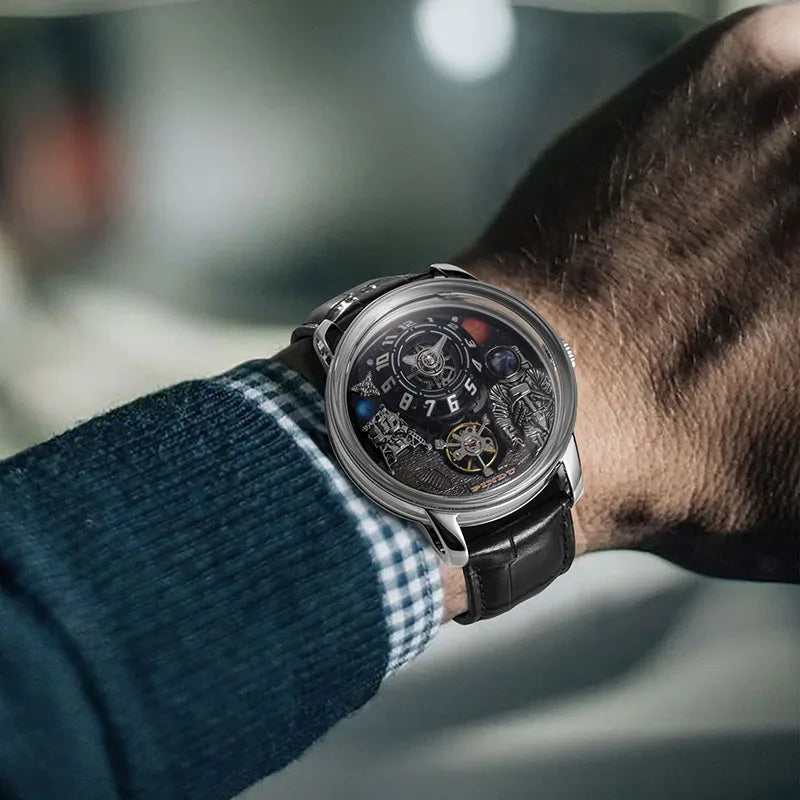 PINDU Watch Men Mechanical Watches W2101B Space Dial Astronaut Space Station Luminous Waterproof Men Watch Leather Strap P6630