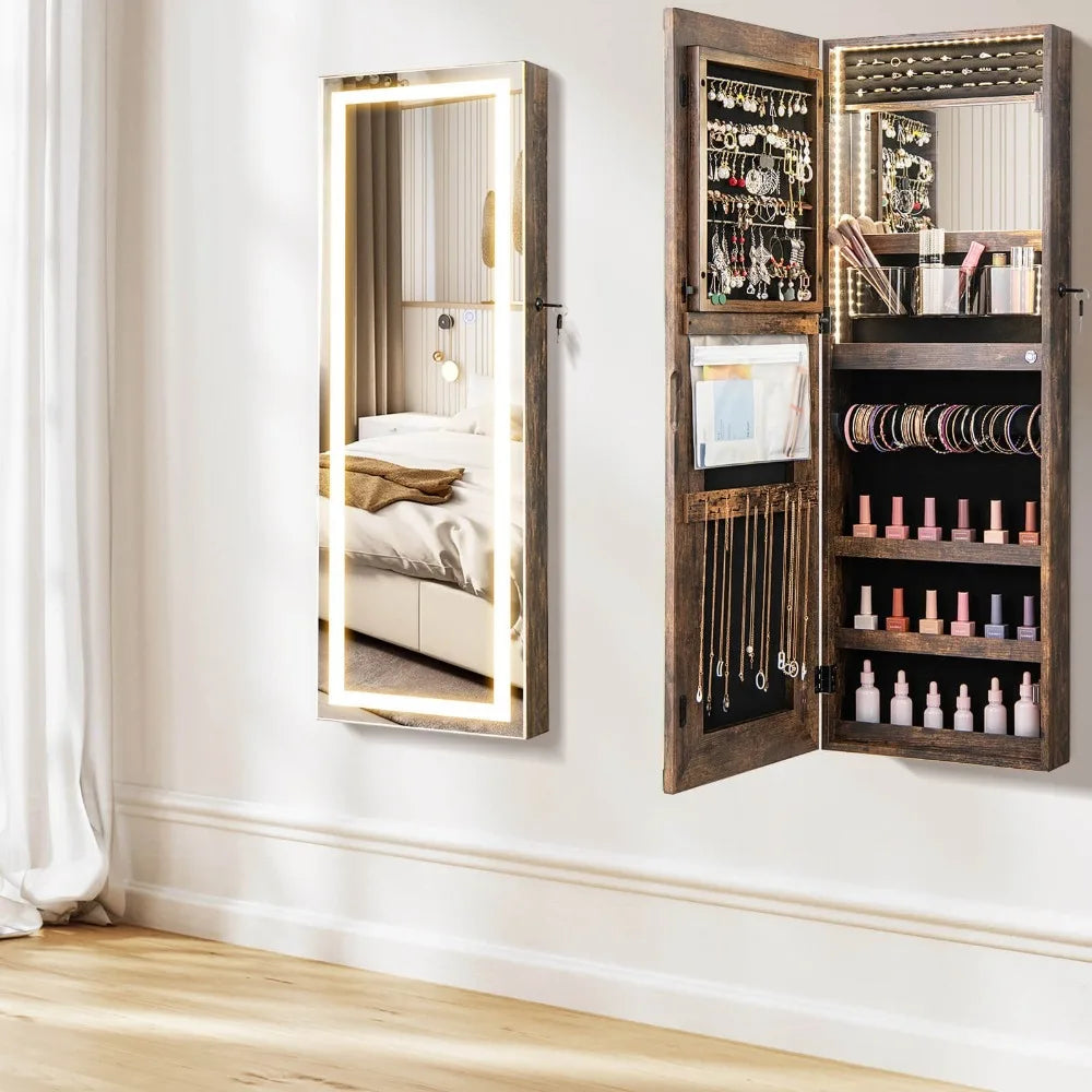 LED Mirror Jewelry Cabinet Wall/Door Mounted Organizer Armoire w/ 3 Color Light