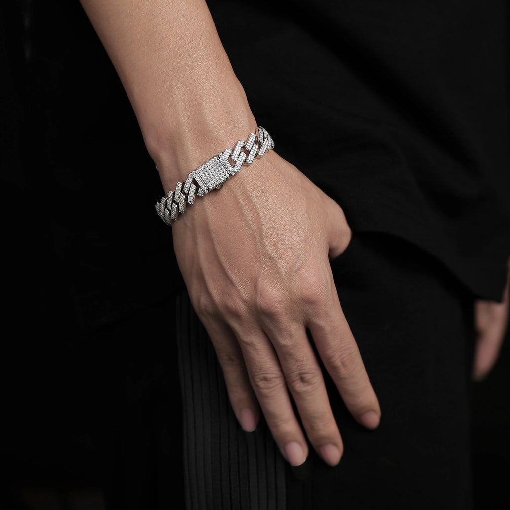 JIUZUAN Iced Out Moissanite Cuban Link Bracelet 925 Sterling Silver 18K Gold Plated Hip Hop Style for Men with GRA Certificate