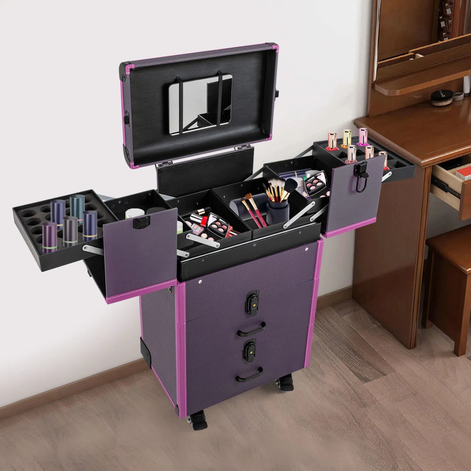 Rolling Makeup Train Case, Makeup Train Case, Large Capacity, Easy To Carry, Rolling Design with Retractable Trays and Drawers