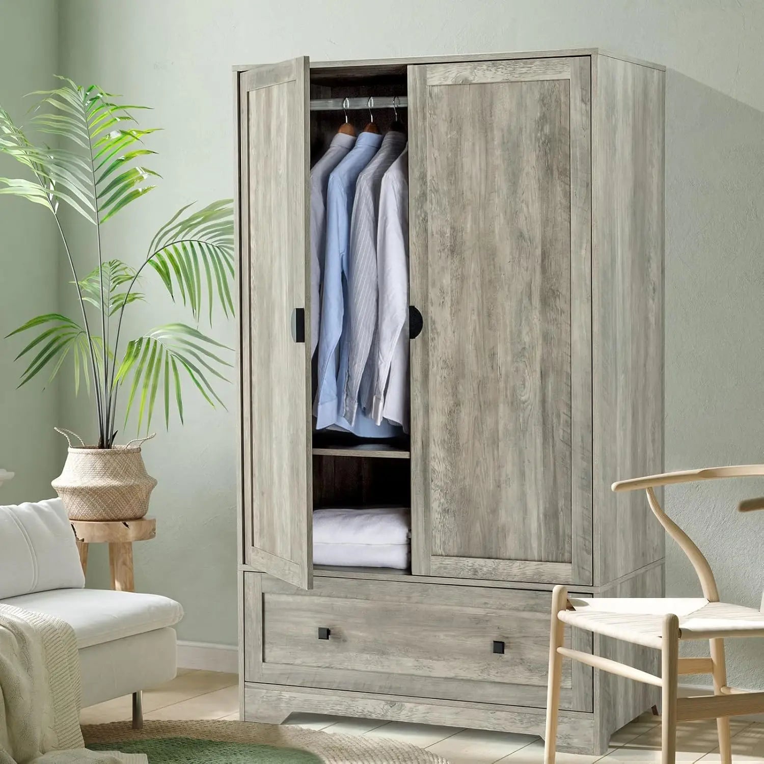 Armoire Wardrobe Closet With Doors, Hanging Rod, Shelves and Drawer - Freestanding Cabinet for Bedroom, Dorm - Oak,, Customized