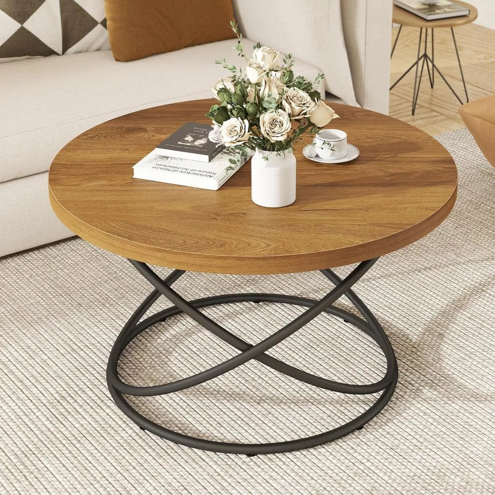 Mid Century Modern Style Round Coffee Table, 31.5 Wood Center with Metal Legs, Updated Furniture for Living Spaces