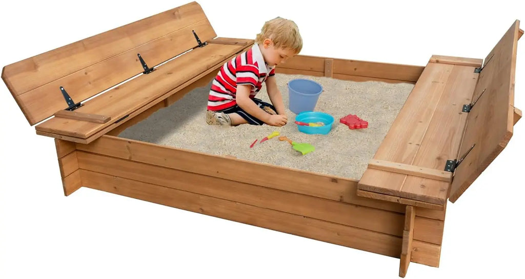 Wood Sandbox with 2 Bench Seats, Sand Boxes with Lid for Kids, Sand Pit with Cover for Outdoor Backyard Patio, 48 Inch