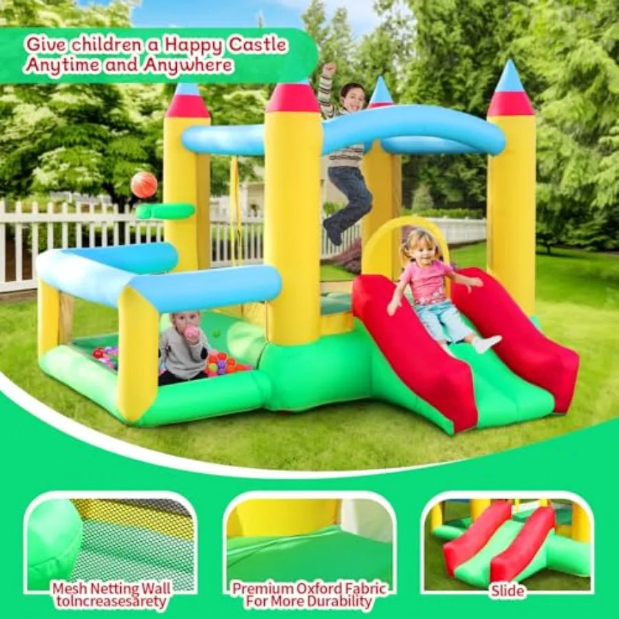 Inflatable Bounce House with Slide 107x106x80 Inch Jumping Castle with Blower and Ball Pool Basketball Game