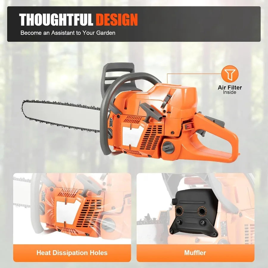 24in 72cc 2-Cycle Gasoline Powered Chainsaw 3.9kw Professional Chainsaw Set for Tree Wood Farm Garden Ranch Forest Cutting Dark