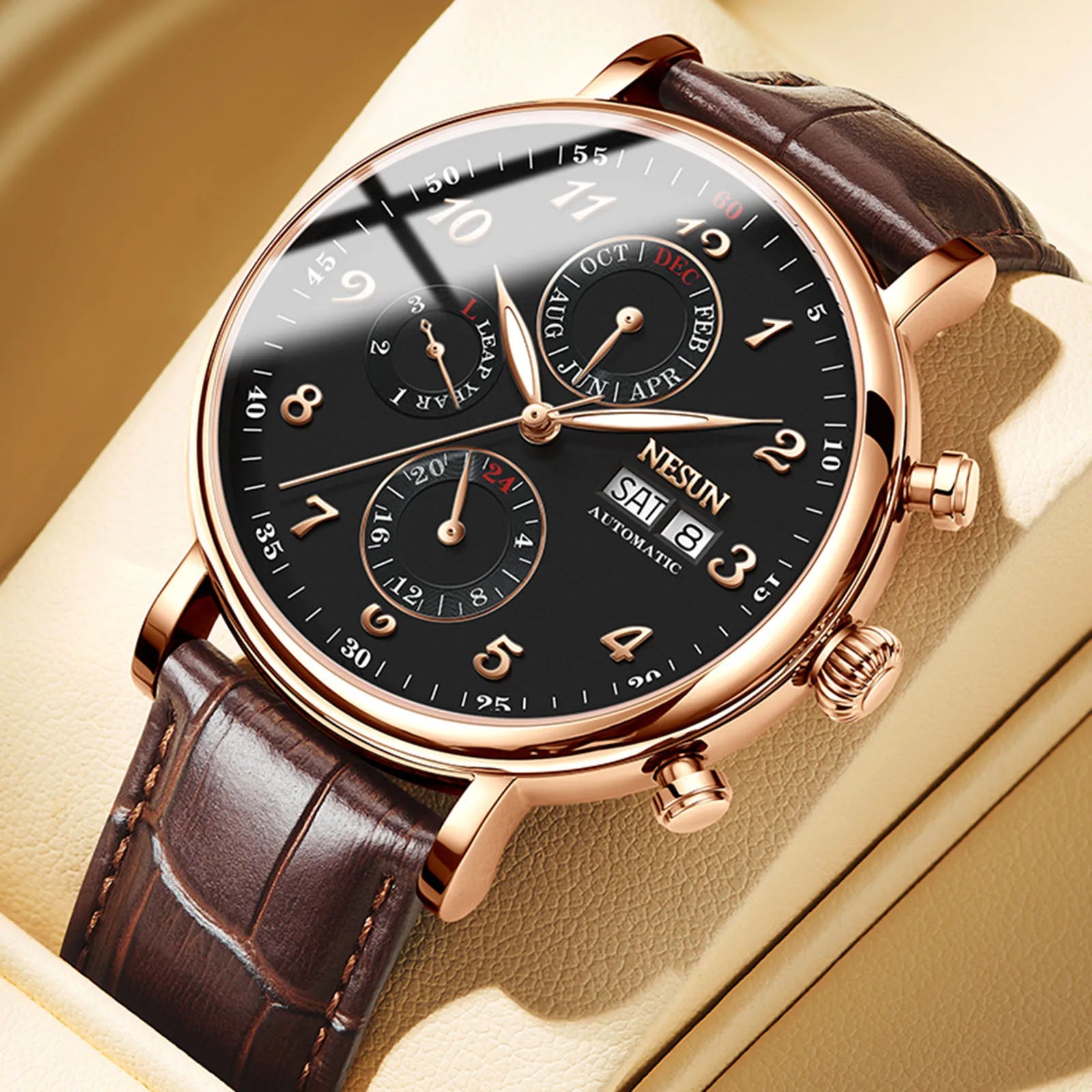 NESUN automatic mechanical men's watch with multi-functional luminous stainless steel case, a classic business men's watch