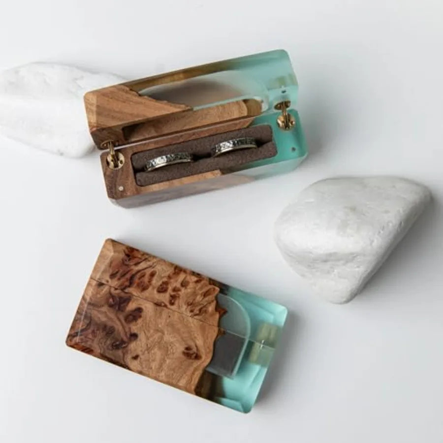 Engagement Ring Box Double Rings - Unique Jewelry Box and Organizer Epoxy and Wood Handmade Display Case for Women Girlfrie