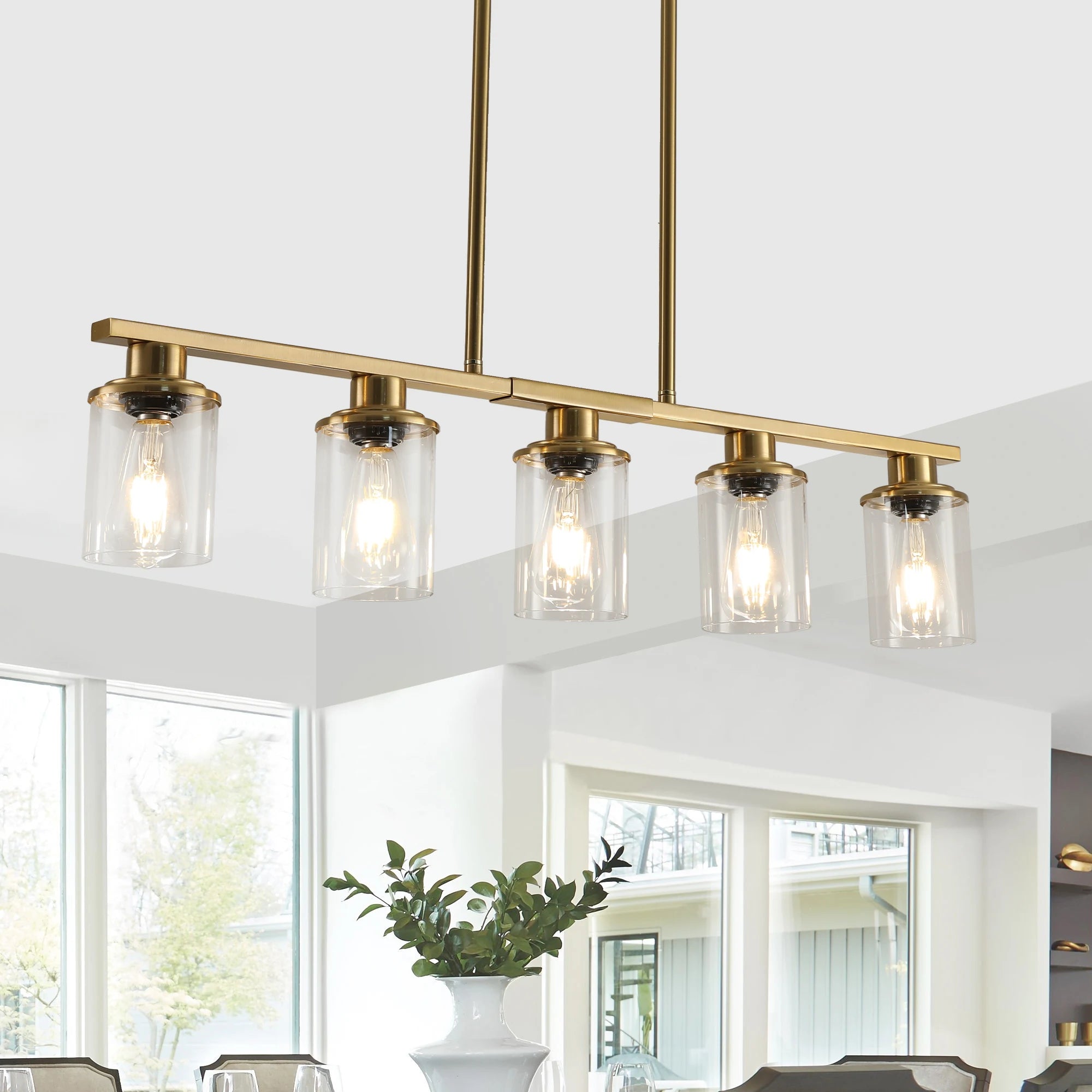 Industrial 5-Light Chandelier，Modern pendent lamp with Glass Shades, Golden Metal Frame Hanging Ceiling Light Fixture (No Bulbs)