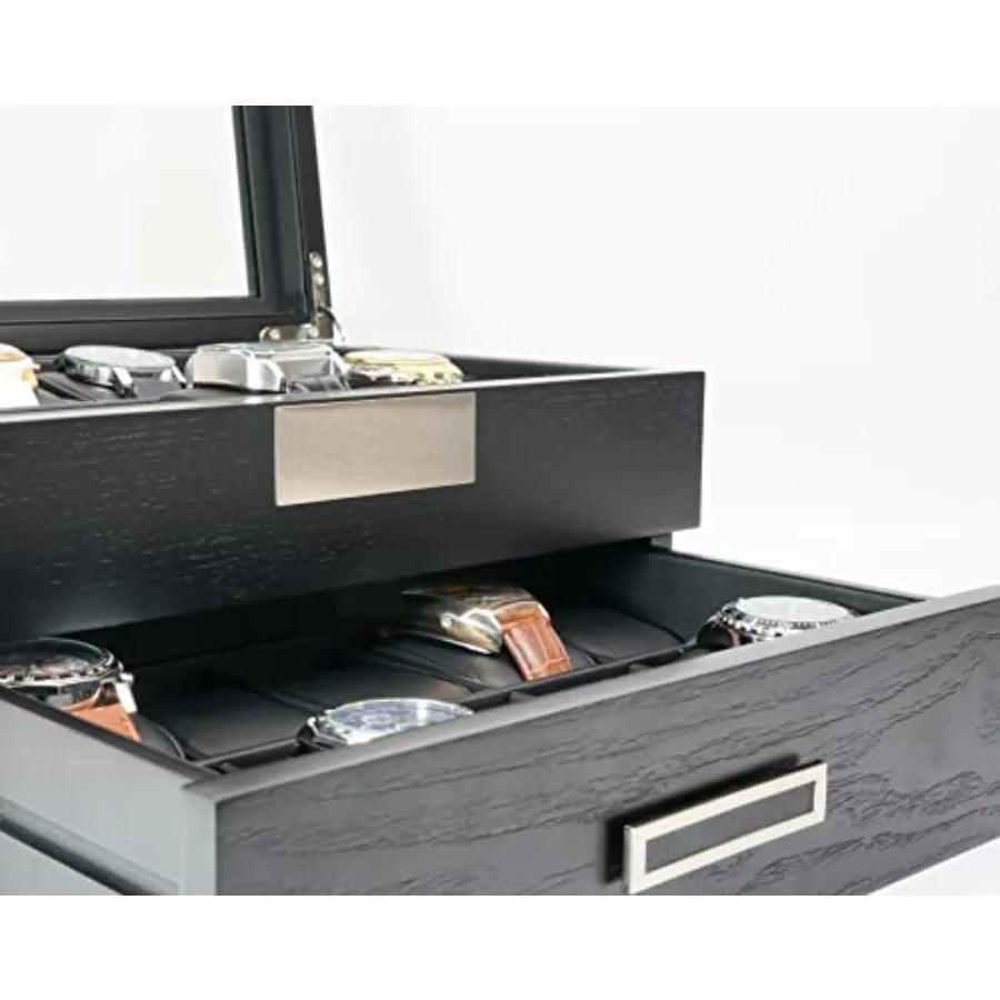 20 Black Ebony Wood Watch Extra Height Box Display Case 2 Level Storage Jewelry Organizer with Glass Top Stainless Steel Accent