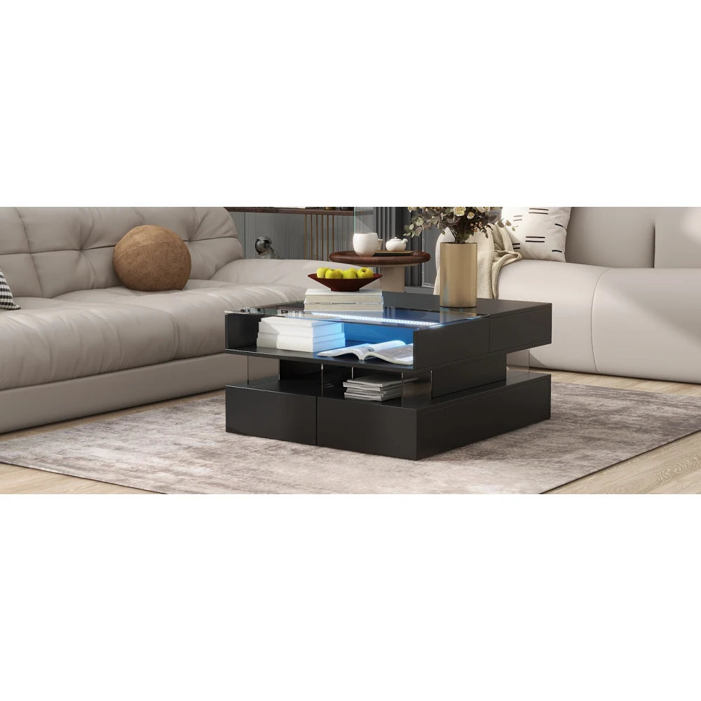 Lift-Top Coffee Table with 2 Drawers, Modern Square Coffee Table with Glass Top for Living Room