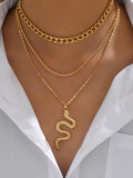 3-Layer Gold Snake Pendant Necklace Set for Women, Chunky Chain & Rope Layering Jewelry