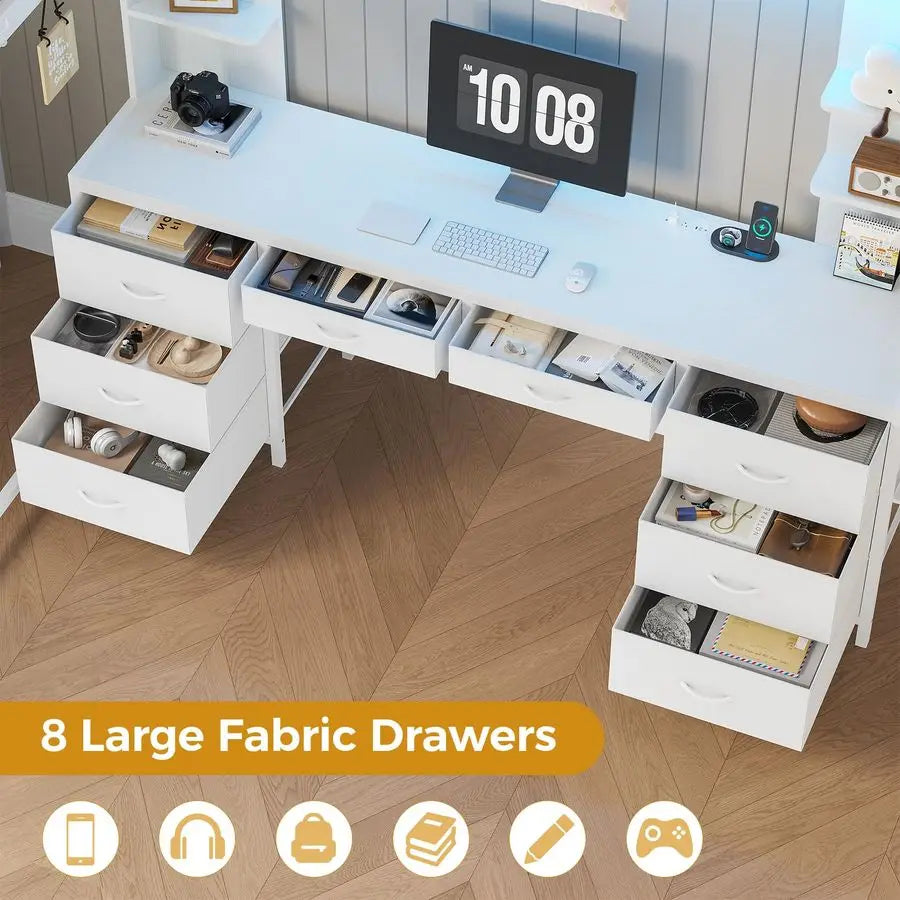 Full Size Loft Bed with Desk and 8 Storage Drawers, Metal Loft Beds Full with LED Lights amp Charging Sation, Heavy Duty Loft Be