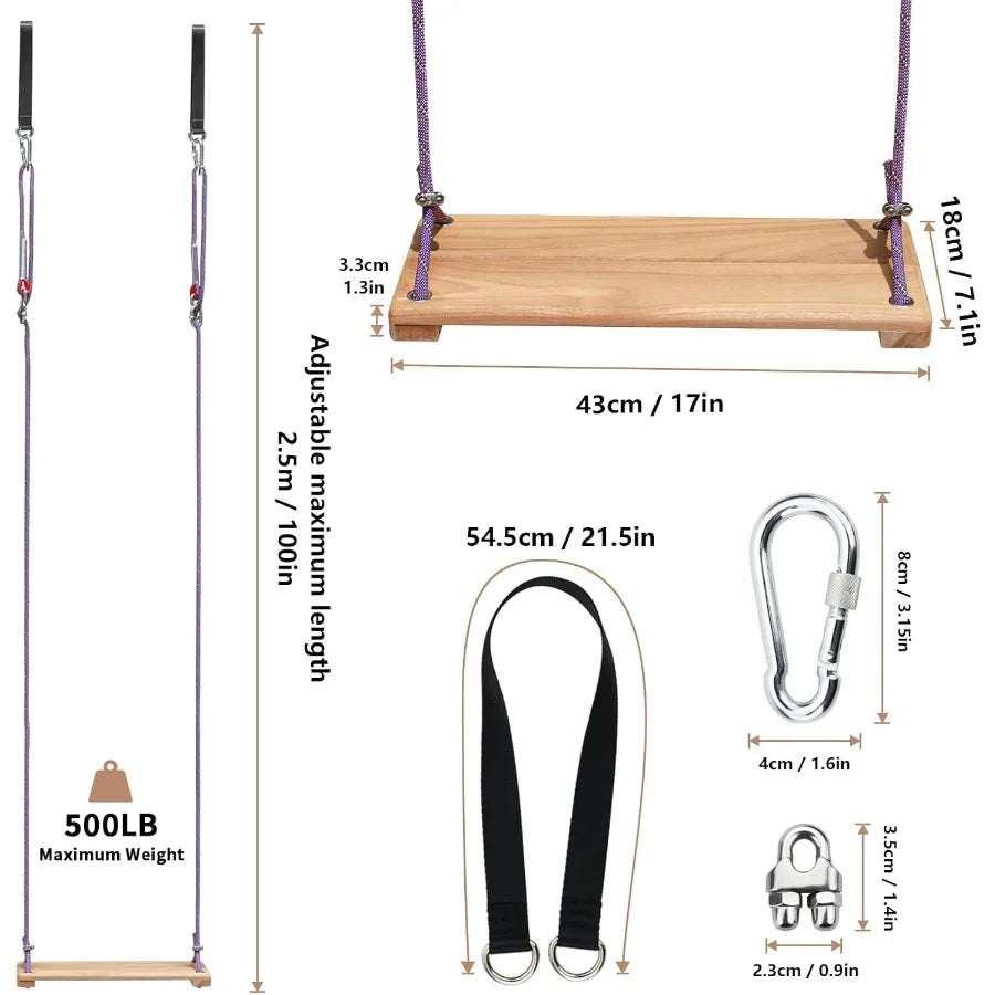 Teak Wooden Swing Outdoor Wood Tree Swing Seat for Adults Backyard Columpio Swing Set Height Adjustable 16.7x7inch