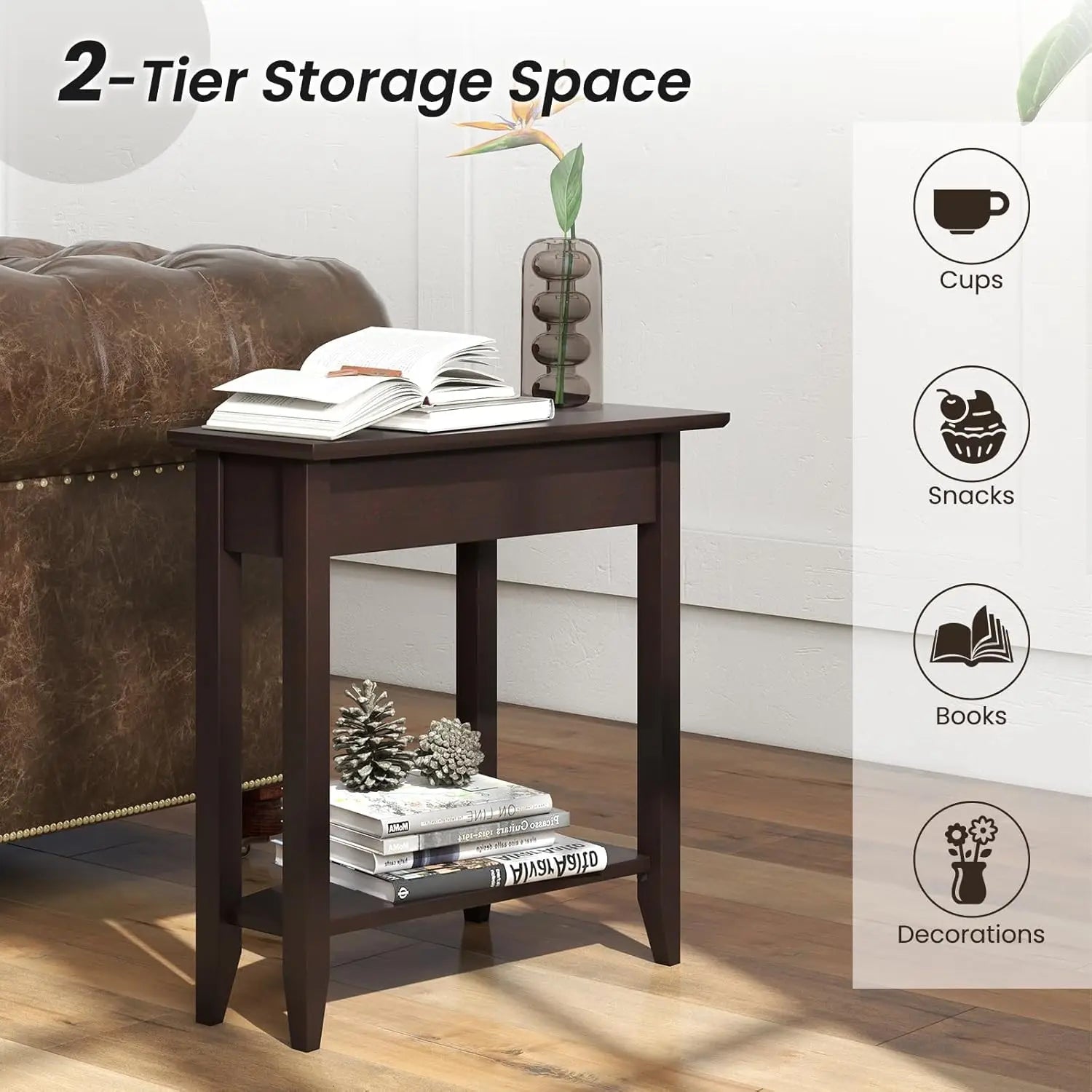 2-Tier Wedge End Table Set of 2, Narrow Triangle Nightstand with Storage, Solid Wood Legs, Espresso