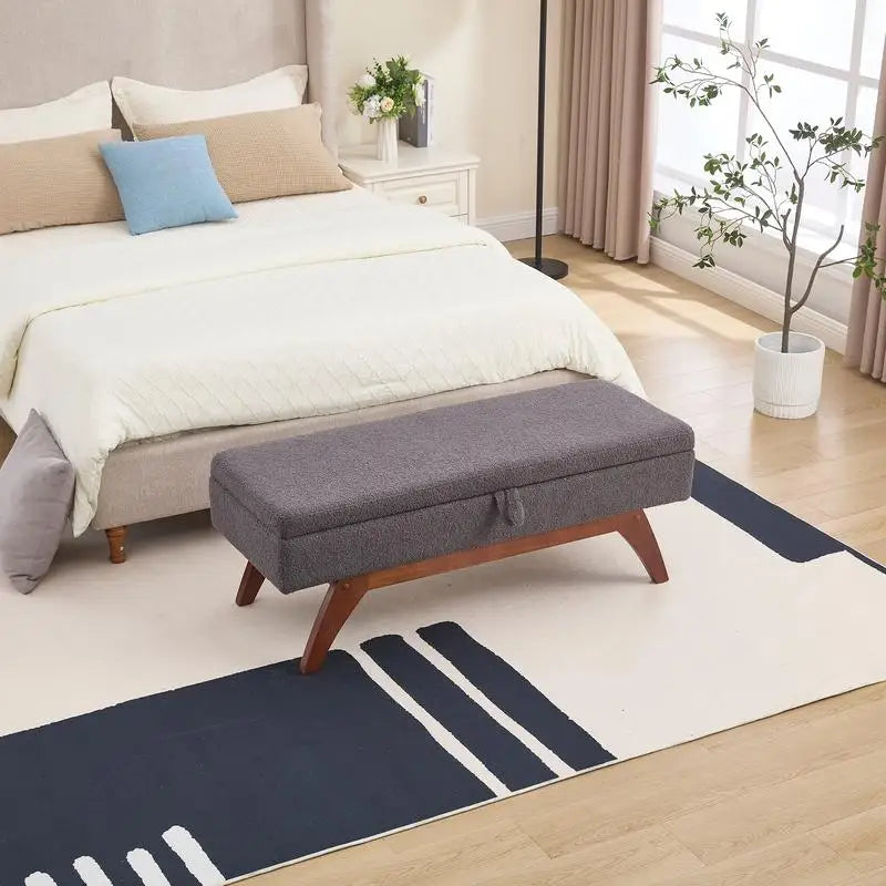 Teddy Wool Fabric Bed End Stool with Storage and Solid Wood Feet