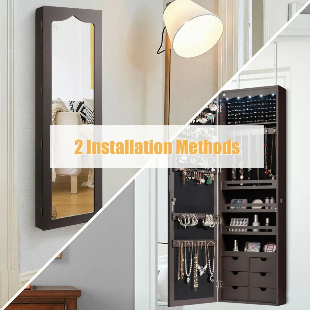 Lockable Wall Door Mounted Jewelry Cabinet LED Mirror Brown