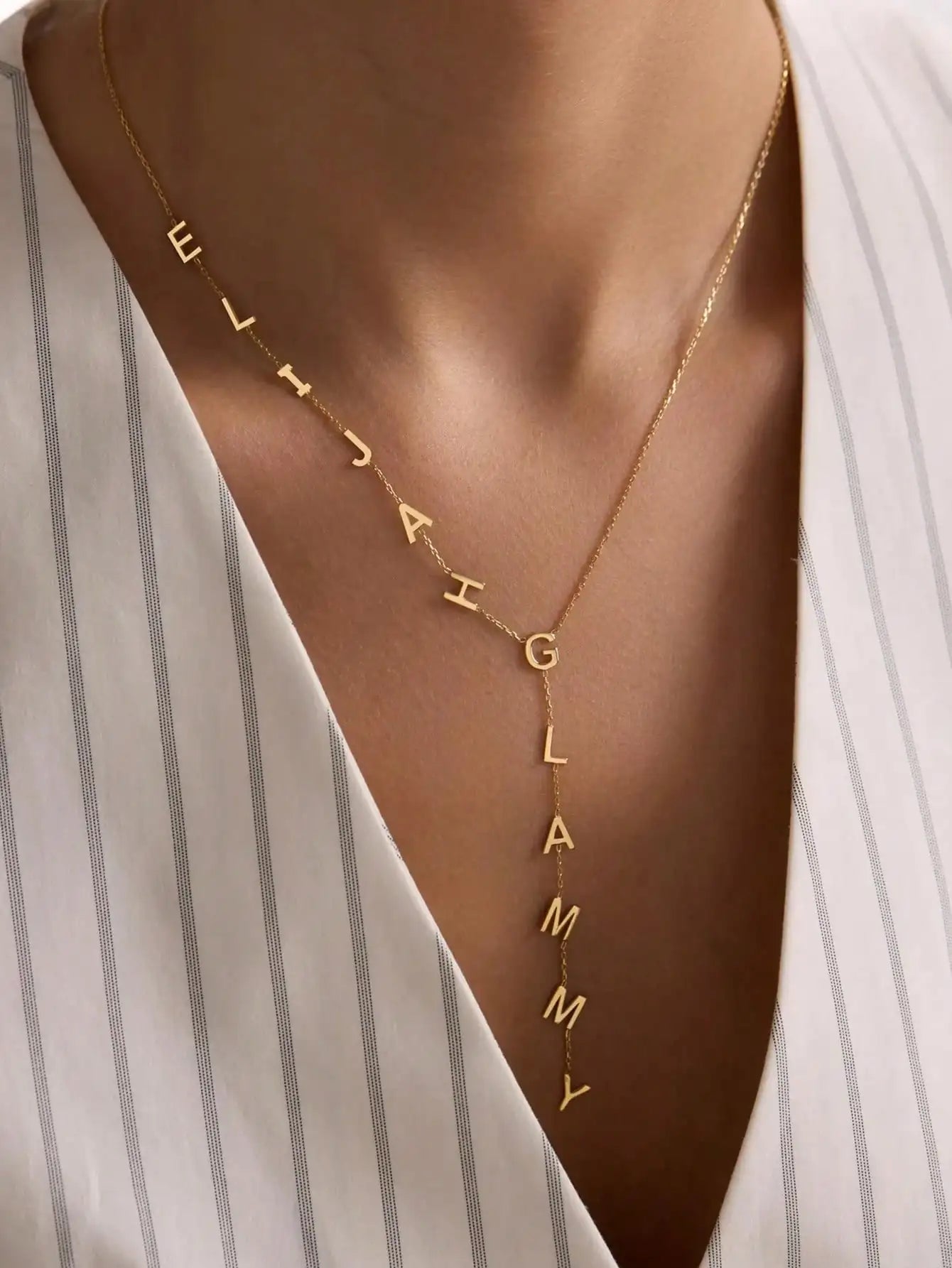 Custom Y-Shape Name Necklace with 1-12 Letters, Gold Plated Personalized Jewelry for Women