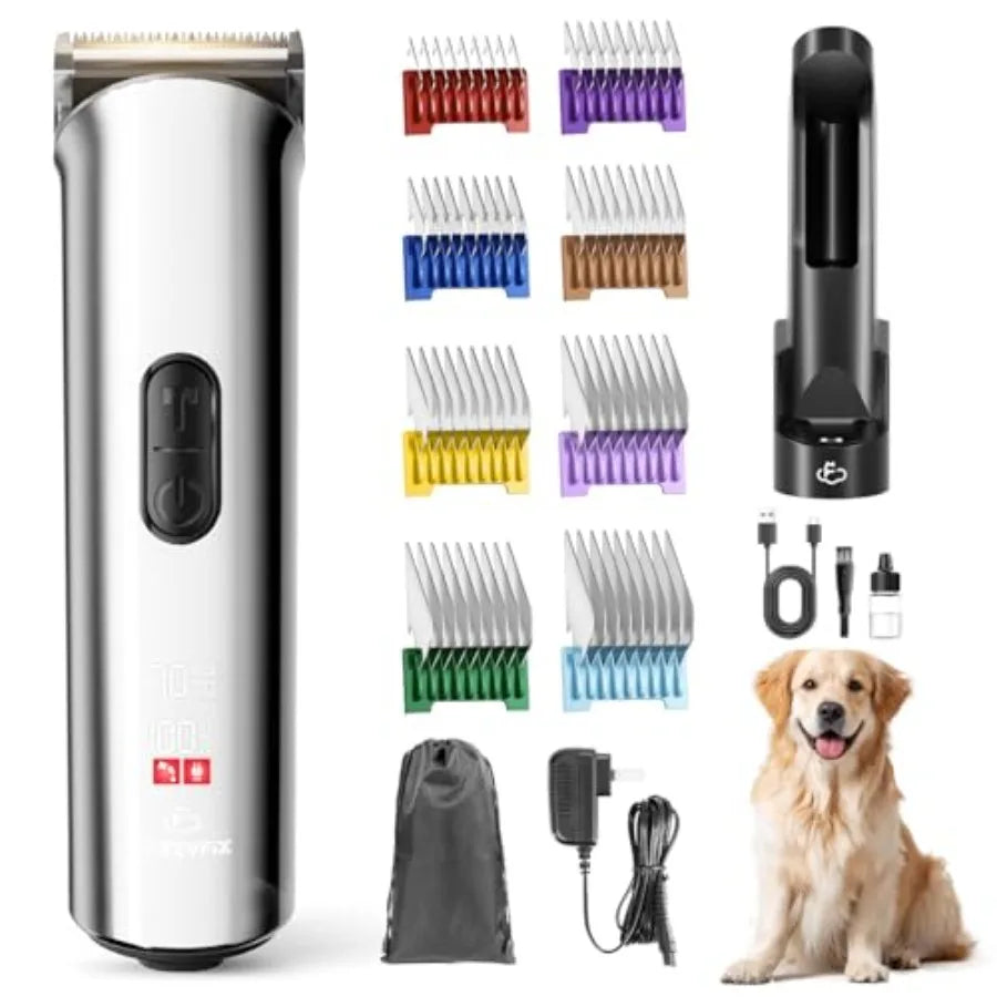 Professional Dog Grooming Clippers with Charging Dock 5-in-1 Adjustable Blade Cordless Pet Grooming Kit 5 Speed Rechargeable Tr