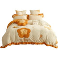 Winter Warm Four-Piece Velvet Bed Set Double Sided Quilt Cover Thick Sheet Pillowcase Linen for 1.5/1.8m Bed in Green and Orang