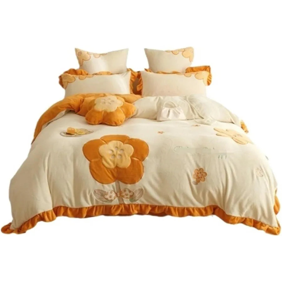 Winter Warm Four-Piece Velvet Bed Set Double Sided Quilt Cover Thick Sheet Pillowcase Linen for 1.5/1.8m Bed in Green and Orang