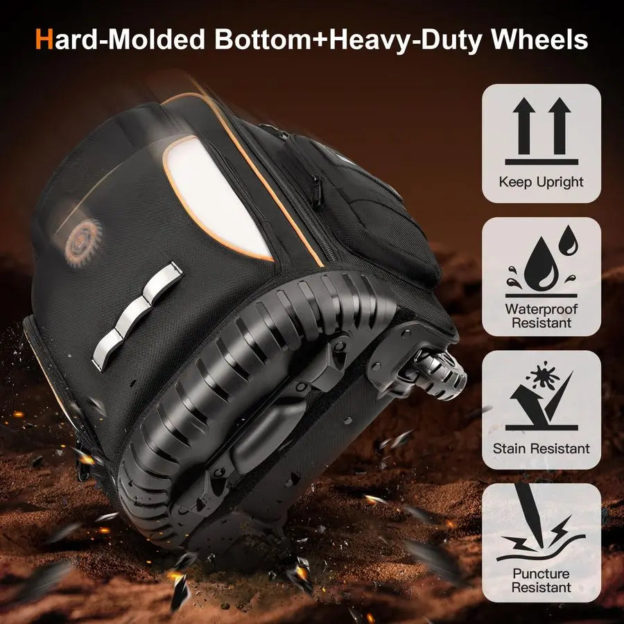 Tool Bag with Wheel, Rolling Tool Backpack for Electrician Heavy Duty Roller Tool Bag on Wheel for Construction Work, 75 Pockets