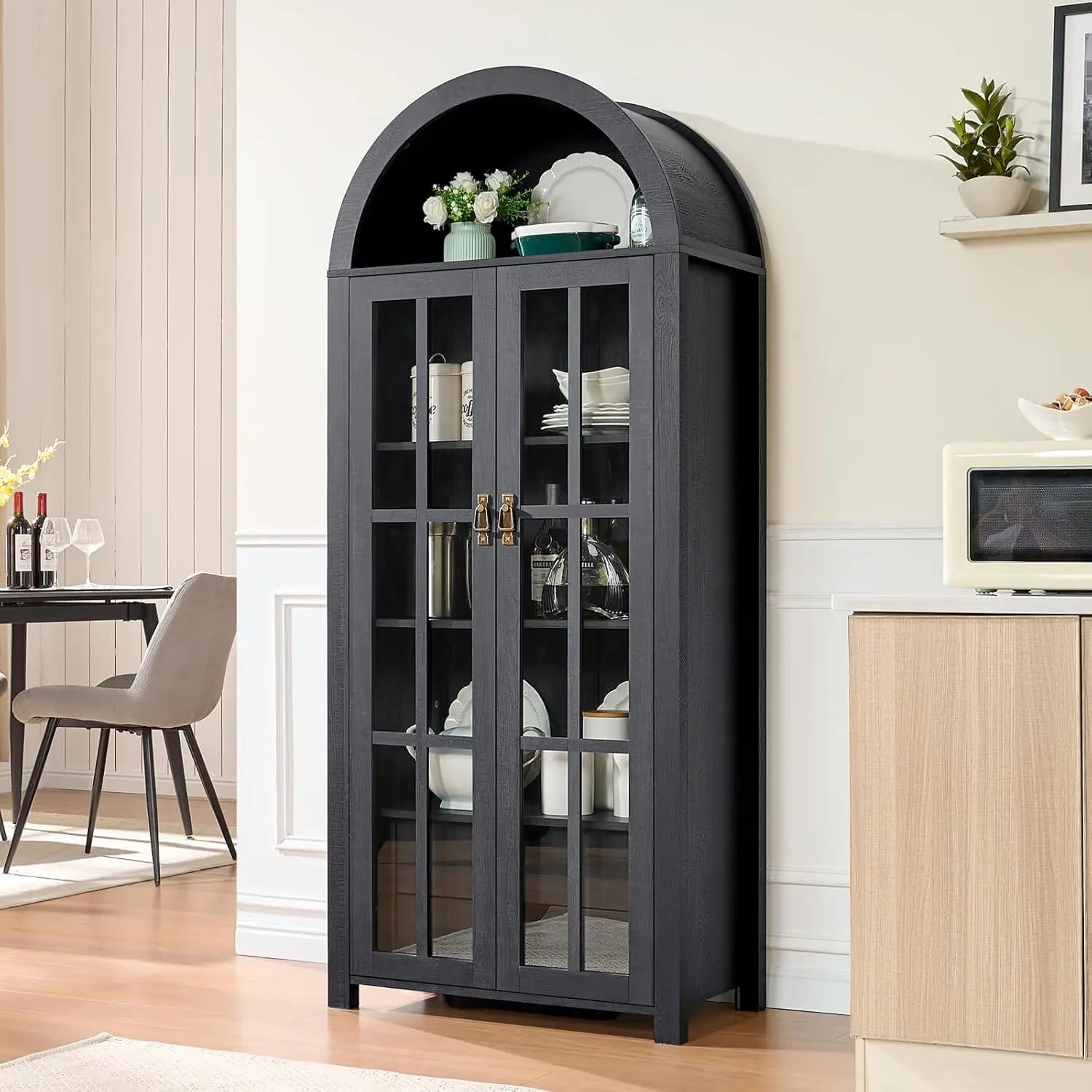 Customized. 71" Tall Arched Kitchen Pantry with Glass Doors, 5 Tier Modern Bookshelf with 2 Drawers, Wooden Storage Cabinet with
