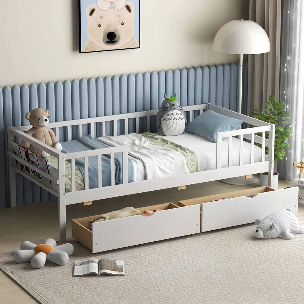 Wood Twin Bed Frame with Fence Rails, 2 Drawers & Side Shelf, No Box Spring Needed, Solid Wood Slats Daybed for Kids and Teens (