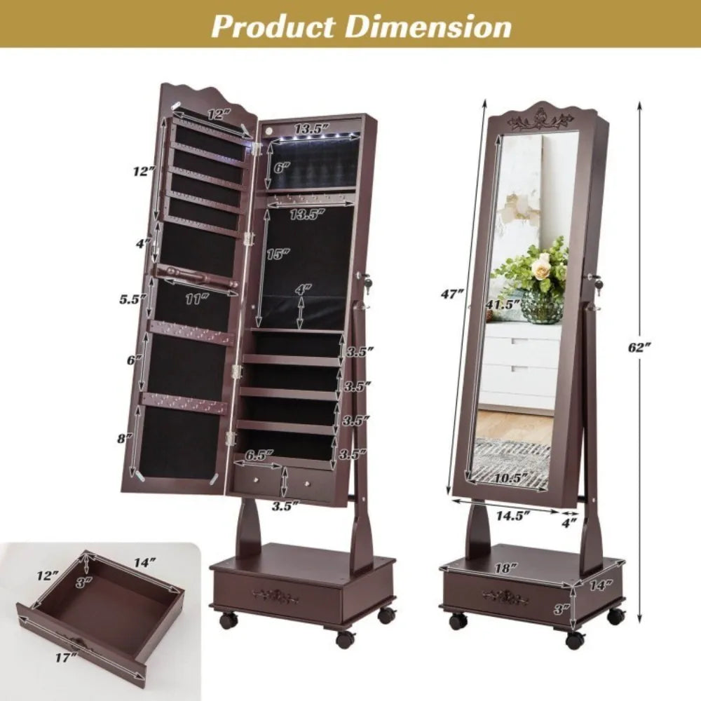Jewelry Cabinet Storage Organizer Armoire Floor Standing with Full-length Mirror