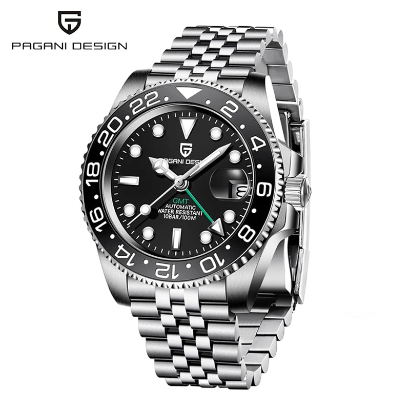 New PAGANI DESIGN GMT Automatic Wristwatch Stainless Steel 100M Waterproof Watch Top Brand 40mm Mechanical luminous Watch Men