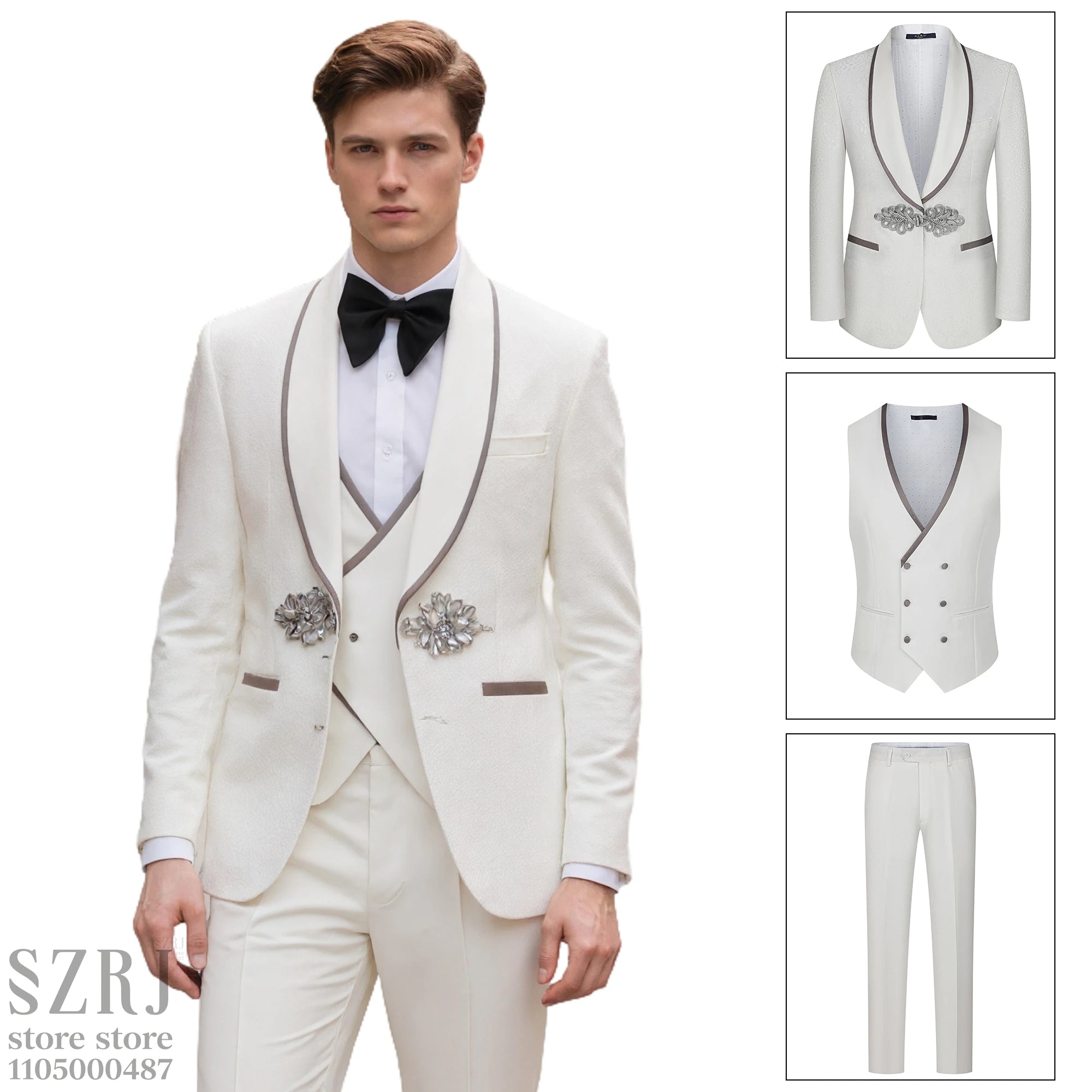 Men's Formal Tuxedo Suit Set with Shawl Collar, Vest & Trousers, Ideal for Wedding, Prom & Gala Events