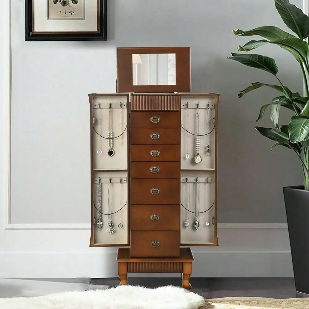 Wooden Jewelry Cabinet Armoire Box Storage Chest Stand Hidden Mirror Christmas