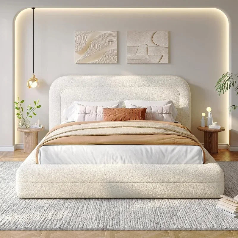 Bed Frame with Headboard, Upholstered Cloud Bed Frame, Anti-Collision Soft Rounded Corners, Boucle Platform Bed for Customized