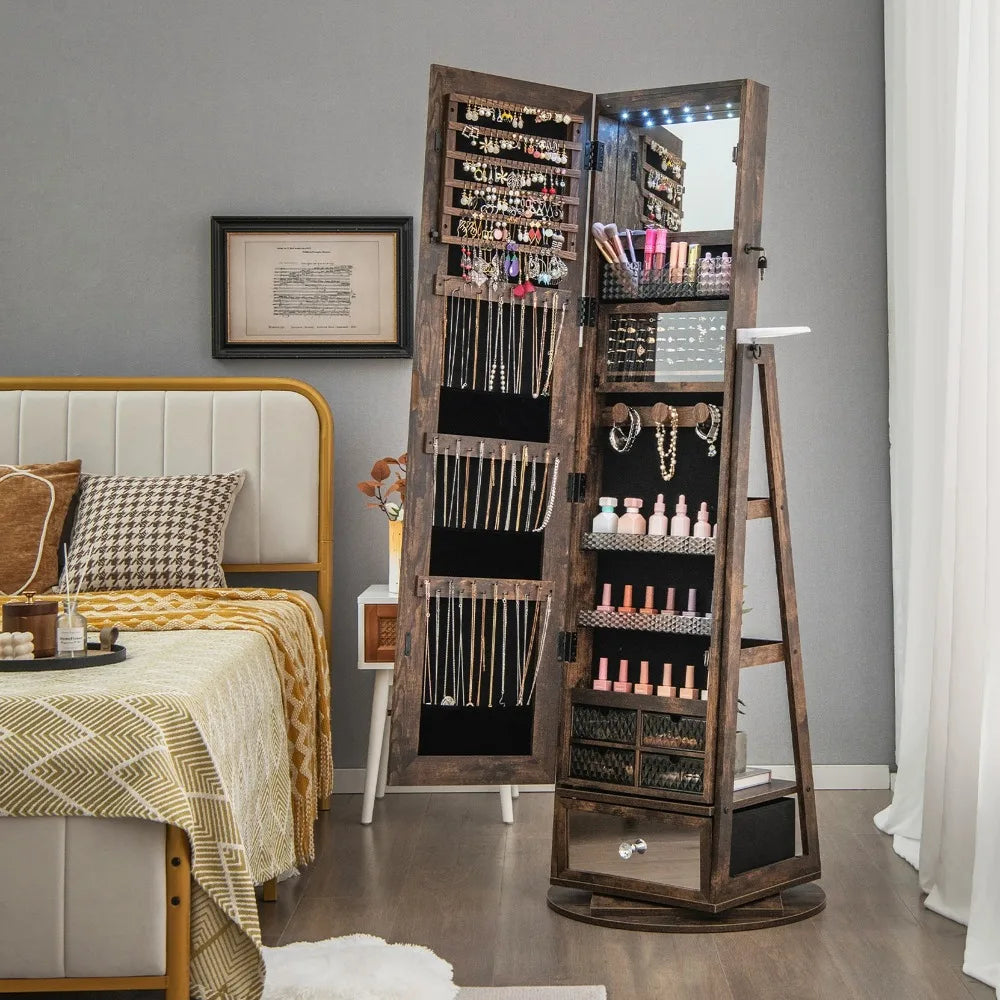 360° Swivel Jewelry Cabinet Full Length Mirror w/Built-in Lights Rustic Brown