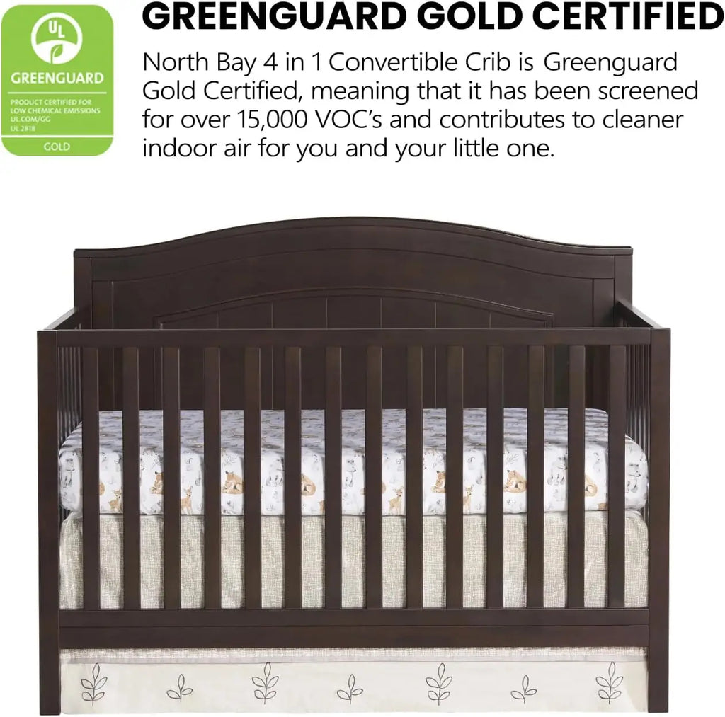 4-in-1 Convertible Crib, Espresso Brown Finish, Greenguard Gold Certified Baby Crib to Toddler Bed Conversion