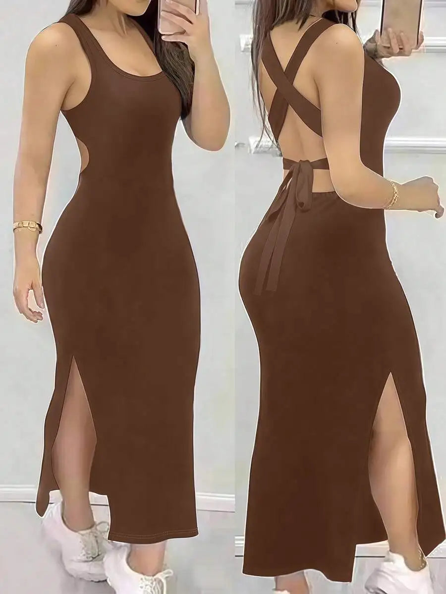 Sexy Backless Criss-Cross Strap Slit Midi Dress for Night Out