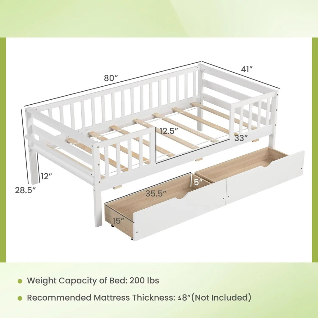 Twin Kids Bed with Storage Drawers, Wood Montessori Bed with Rails & Side Shelf, Low Daybed for Boys Girls, No Box Spring Needed