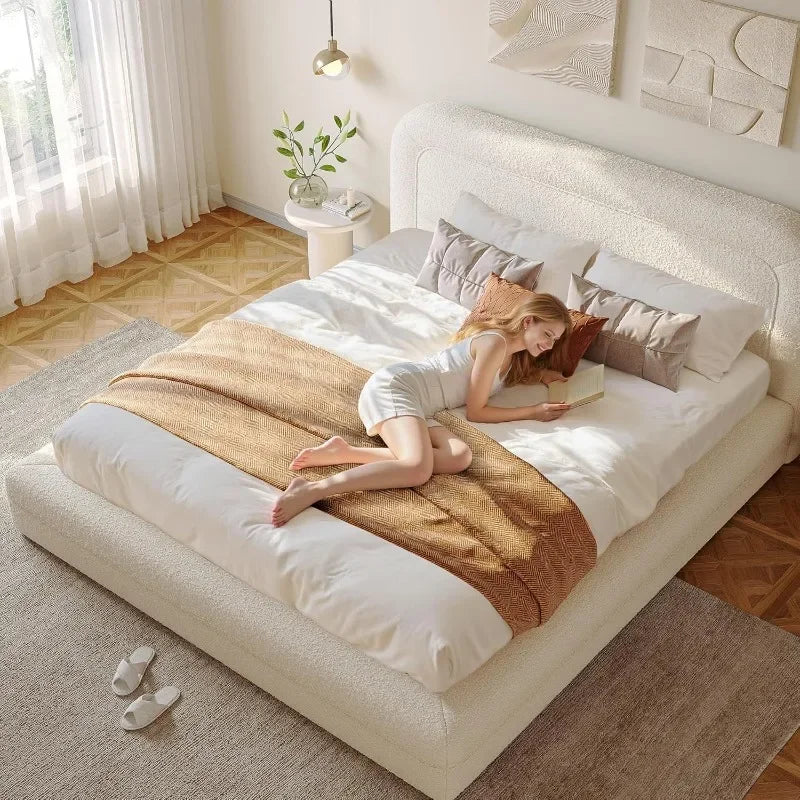 Bed Frame with Headboard, Upholstered Cloud Bed Frame, Anti-Collision Soft Rounded Corners, Boucle Platform Bed for Customized
