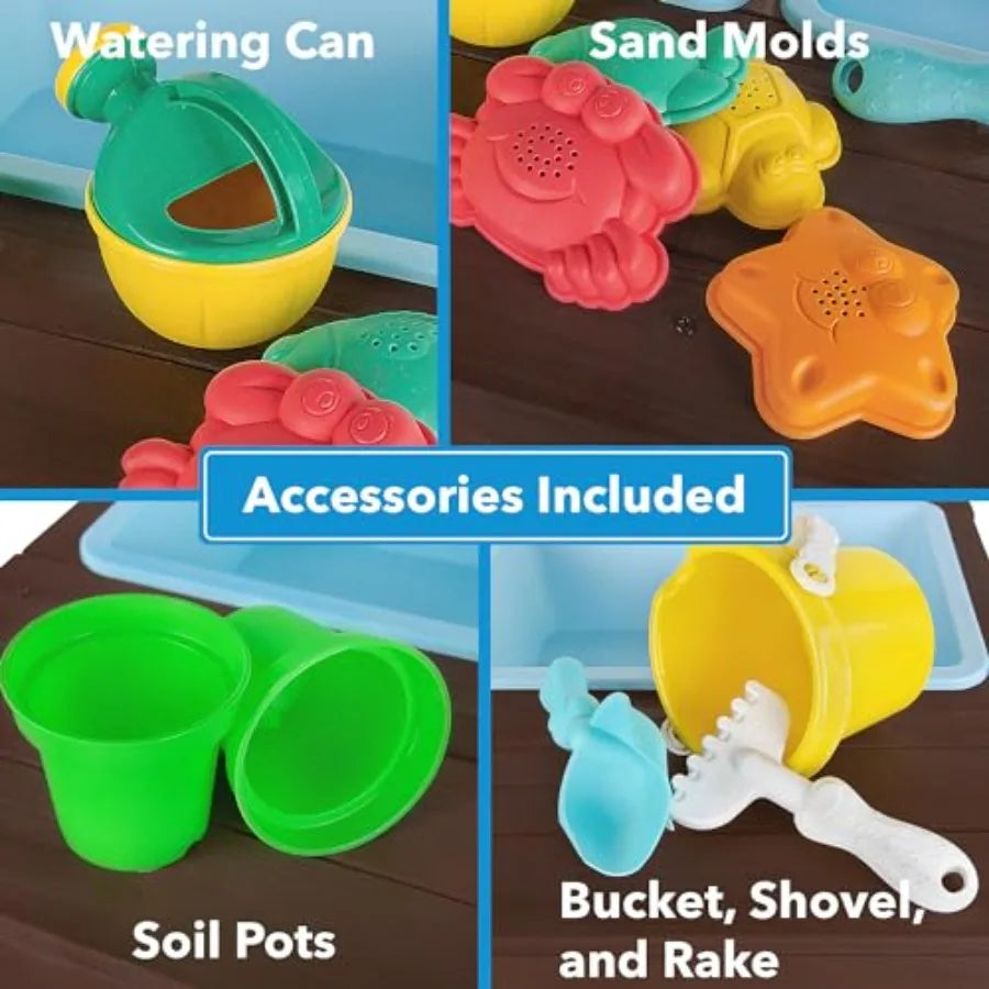 Sand and Water Table for Toddlers | Outdoor Wooden Sensory Sand Table with 2 Plastic Bins, Built-in Water Tap and Beach Toys Inc