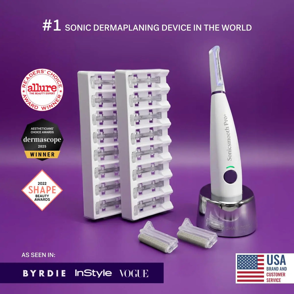 Sonicsmooth Pro+ Dermaplane Razor for Women with LED Light, 16 Blades & 2 Exfoliation Tips - Peach Fuzz Remover