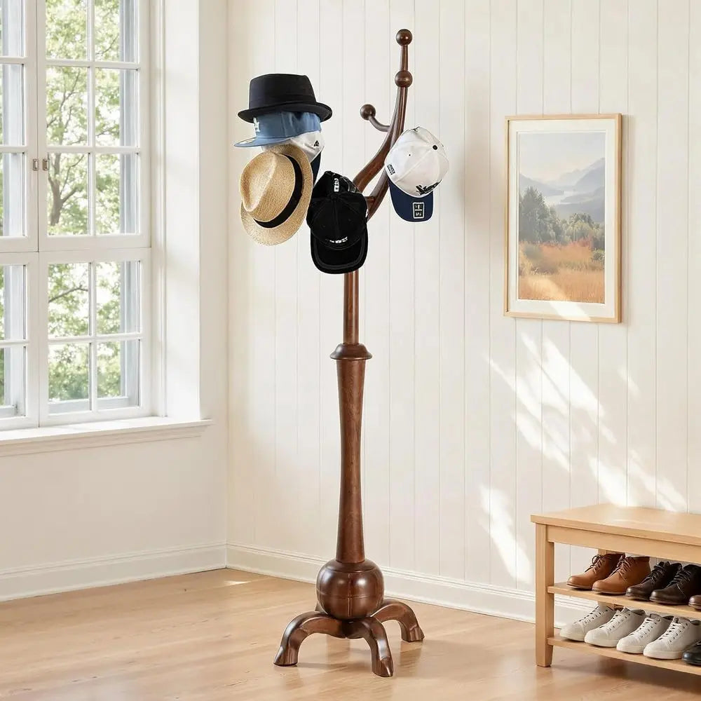 Wooden Coat Rack Freestanding with 8 Hooks, Heavy Duty Coat Hanger Stand with Stable Base, Vintage Coat Tree Standing