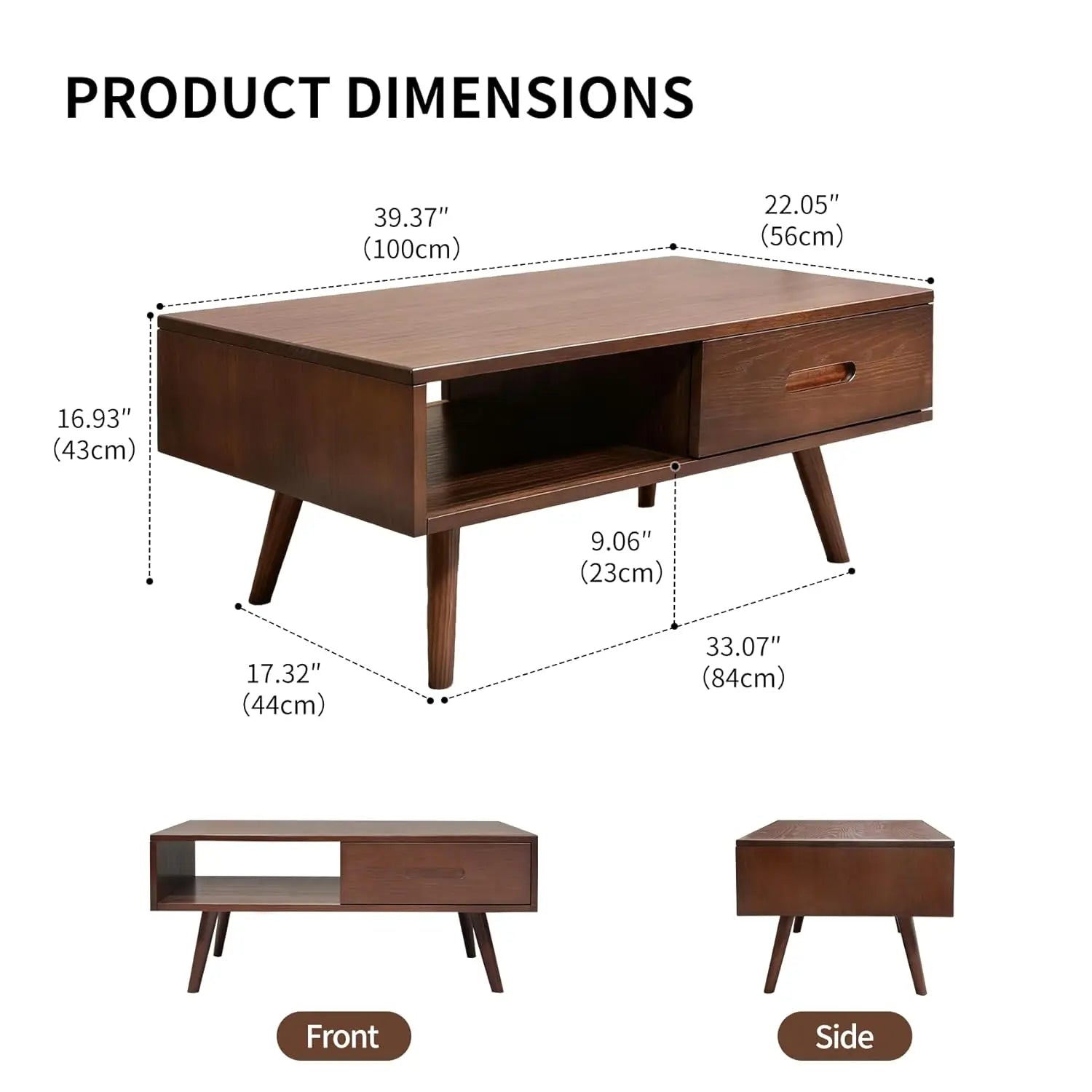 Solid Wood Coffee Table, Mid-Century Modern Coffee Tables with 2 Drawers & Open Shelf, Wooden Table for Living, Customized