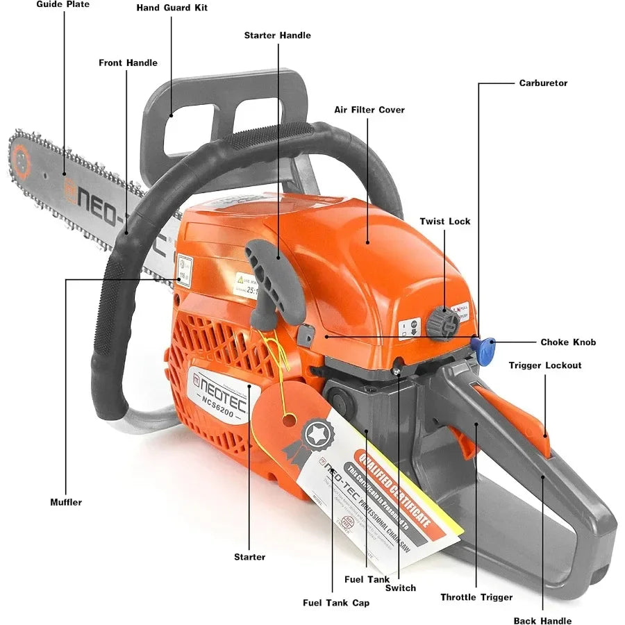 20 Inch Chainsaw 62CC Power Chain Saws Gas Powered 2 Stroke Handed Petrol Gasoline Chain Saw for Cutting Wood Outdoor G